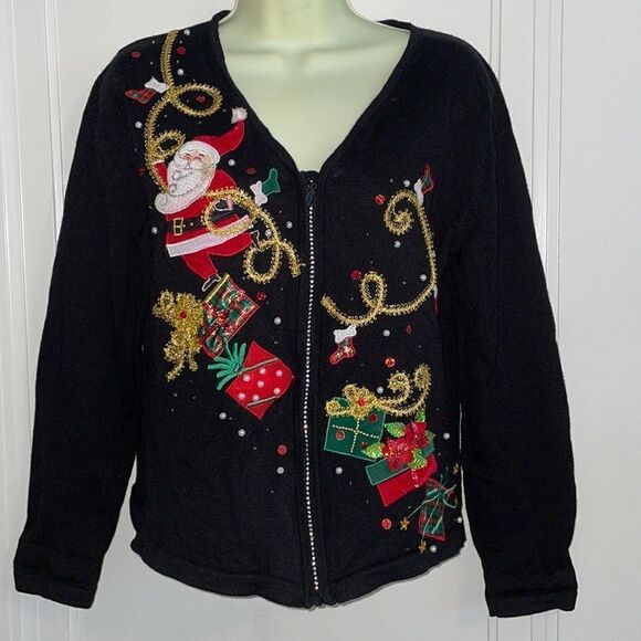 Vtg Jack B. Quick Christmas black zip up cardigan sweater with Santa & presents - Picture 1 of 10